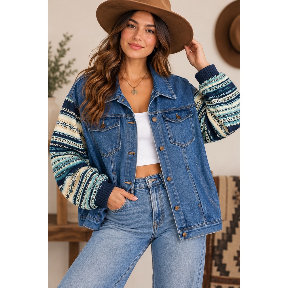 90s Nordic Fair Isle Denim Jacket Sweater Sleeve Boho Western22/24W Faded Glory